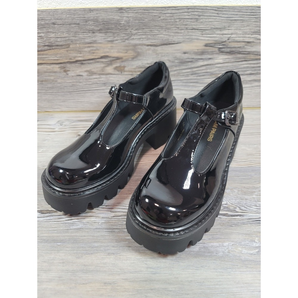Mary Jane Plateform black patent T-strap chunky lug sole brand New 6.5